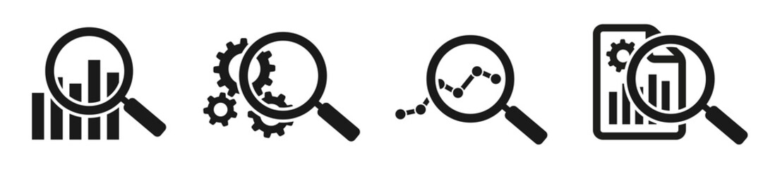 Set of magnifying glass data analysis icons. Market research, analytic. Business analysis, financial forecast logo. Vector illustration. - obrazy, fototapety, plakaty