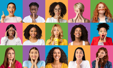 Collage of diverse ladies expressing different emotions on colorful backgrounds