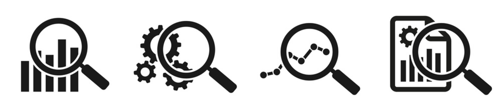 Set of magnifying glass data analysis icons. Market research, analytic. Business analysis, financial forecast logo. Vector illustration.