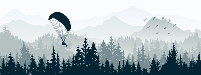 Horizontal banner. Magical misty landscape with paraglider and birds. Silhouettes of trees and mountains. Gray illustration. 