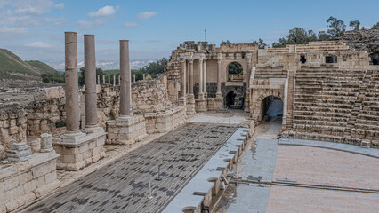 View of the Stage of the most impressive and best preserved Roman Theatre at Beit Shean National Park, Jordan Valley, Northern Israel, Israel 