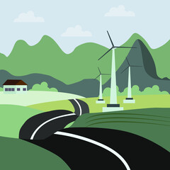 A wind turbine in a field with a house and a road in the middle. Green energy. Environmental protection