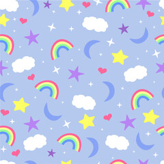Childish illustration of starry sky with clouds, hearts and rainbow - Background seamless pattern - Rapport