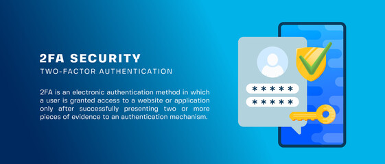 Two factor autentication security illustration banner. Login confirmation notification with password code message. Smartphone, mobile phone and key account shield icons Isolated