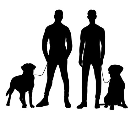 men with dogs sitting silhouette ,on white background, vector