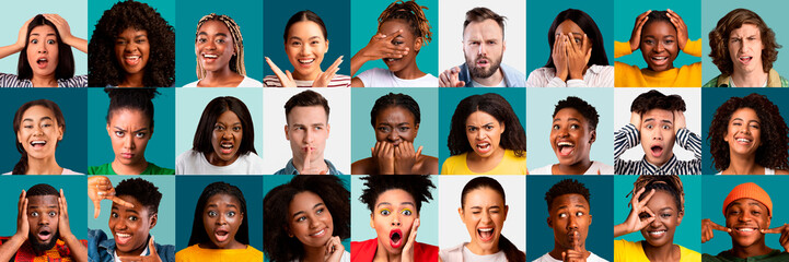 Collection of male and female emotional portraits, millennials showing emotions - obrazy, fototapety, plakaty