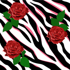 Seamless vector zebra texture illustration with roses