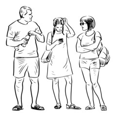 Contour drawing of family citizens standing outdoors together on summer day