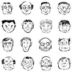 Outline doodle drawings of various cartoon funny male faces