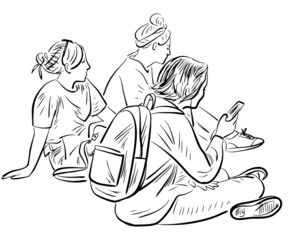 Outline drawing of three students girls sitting outdoors for resting