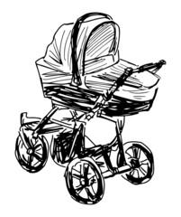 Fototapeta na wymiar Outline doodle drawing of baby stroller isolated on white backdrop