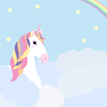 Unicorn vector illustration on a background of starry sky with clouds and rainbow.