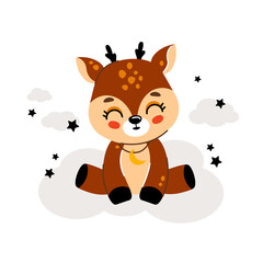 The deer sits happy, smiles near the clouds and stars. Vector illustration for designs, prints and patterns. Vector illustration