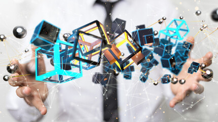 Neural network 3D illustration. Big data and cybersecurity