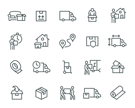 Moving Service Icons. Courier, Packing, Loading, Furniture, Truck and others