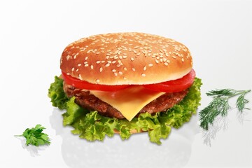 Fresh tasty vegan burger with plant based meat free cutlet