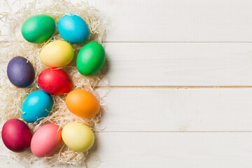 holiday preparation Multi colors Easter eggs on colored background . Pastel color Easter eggs. holiday concept with copy space