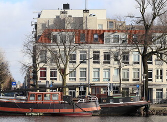 Amsterdam Weesperzijde Street View with House Facades and Boats, Netherlands