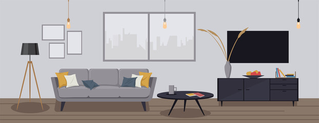 Modern house interior background. Cozy apartment furnished with a sofa, table, shelf with books and flowerpots, TV, paintings and lamps in cartoon style.