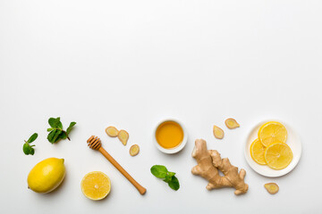 Natural cold and flu home remedies. Natural ingredients for immunity stimulation and viruses protection. top view flat lay