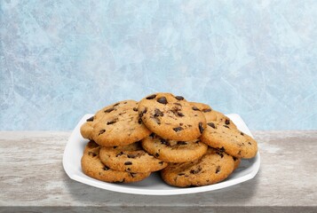 Peanut butter cookies stack on wooden board. Traditional american dessert, nutrition snack, dessert or breakfast food.