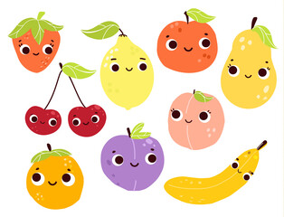 collection of funny fruits and berries cartoon characters. Apple, banana, cherry and other cute fruits
