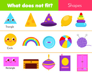 Educational children game. What does not fit type. learning geometric shapes in life. Worksheet for kids and toddlers