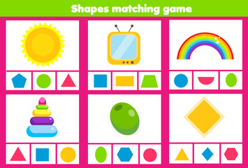 Matching children educational game. Match objects wtih geometric shapes. Activity for kids and toddlers.