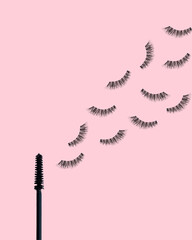 Fake eyelashes on pastel pink background. Beauty concept. Makeup cosmetics. Top view, flat lay. Layout. Place for text and design. Web Banner. Minimal style