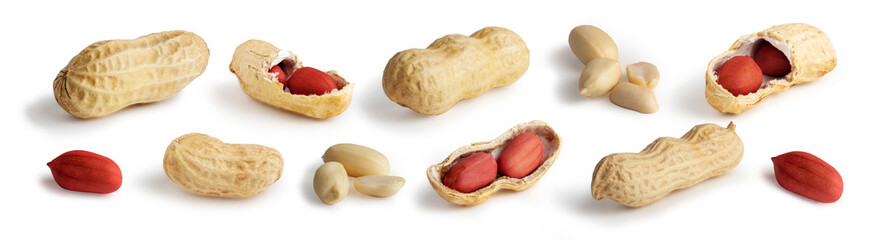 set of peanuts in nutshell, unpeeled and peeled peanuts isolated on white background with shadow.