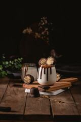 Homemade dessert with chocolate marshmallow on rustic background