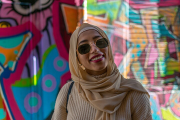 Portrait of muslim woman wearing a hijab isolated with urban background. Horizontal view of arabic...