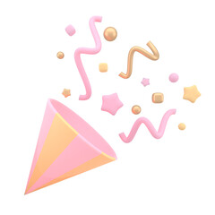 Party popper with colorful confetti isolated. Cartoon style birthday celebration symbol. 3d rendering.