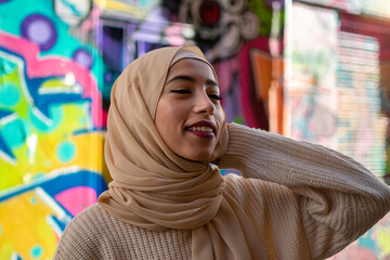 Beautiful Arabic muslim woman wearing brown hijab, stylish female face portrait over city street