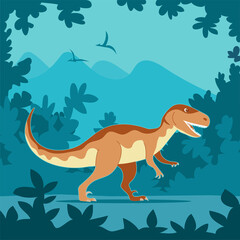Ancient lizard velociraptor on the background of the forest. Predatory dinosaur of the Jurassic period. Strong hunter. Vector cartoon illustration