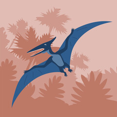 The ancient lizard pteranodon flies on the background of the forest. Predatory dinosaur of the Jurassic period. Big wings. Vector cartoon illustration