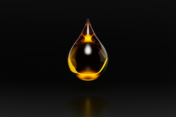 yellow drop of fuel or oil isolated on black background, source or template, 3d rendering - obrazy, fototapety, plakaty