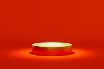 golden stand or pedestal on red background, pedestal or podium for advertising, template or source,...