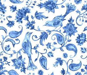 Paisley watercolor floral pattern tile flower, flores, tulip, pheasant, bird. Oriental traditional hand painted water color whimsical seamless print border for design. Abstract indian batik background