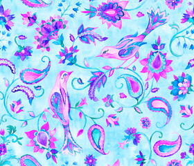 Paisley watercolor floral pattern tile flower, flores, tulip, pheasant, bird. Oriental traditional hand painted water color whimsical seamless print border for design. Abstract indian batik background