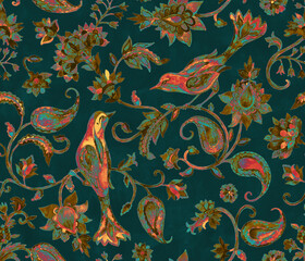 Paisley watercolor floral pattern tile flower, flores, tulip, pheasant, bird. Oriental traditional hand painted water color whimsical seamless print border for design. Abstract indian batik background