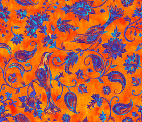 Obraz premium Paisley watercolor floral pattern tile flower, flores, tulip, pheasant, bird. Oriental traditional hand painted water color whimsical seamless print border for design. Abstract indian batik background