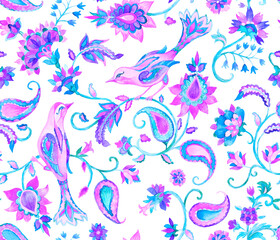 Paisley watercolor floral pattern tile flower, flores, tulip, pheasant, bird. Oriental traditional hand painted water color whimsical seamless print border for design. Abstract indian batik background