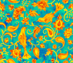 Paisley watercolor floral pattern tile flower, flores, tulip, pheasant, bird. Oriental traditional hand painted water color whimsical seamless print border for design. Abstract indian batik background