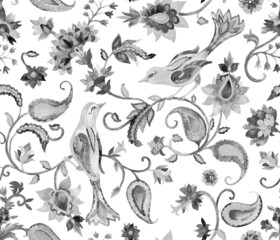 Fleur de carreaux de motif floral aquarelle Paisley, flores, tulipe, faisan, oiseau. Frontière d& 39 impression fantaisiste sans couture fantaisiste de couleur de l& 39 eau peinte à la main traditionnelle orientale pour la conception. Fond de batik indien