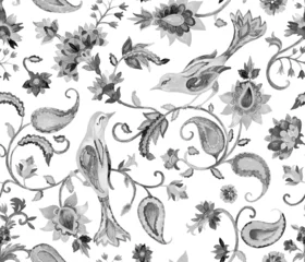 Photo sur Plexiglas Perroquet Fleur de carreaux de motif floral aquarelle Paisley, flores, tulipe, faisan, oiseau. Frontière d& 39 impression fantaisiste sans couture fantaisiste de couleur de l& 39 eau peinte à la main traditionnelle orientale pour la conception. Fond de batik indien