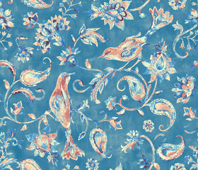 Paisley watercolor floral pattern tile flower, flores, tulip, pheasant, bird. Oriental traditional hand painted water color whimsical seamless print border for design. Abstract indian batik background