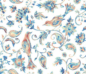 Obraz premium Paisley watercolor floral pattern tile flower, flores, tulip, pheasant, bird. Oriental traditional hand painted water color whimsical seamless print border for design. Abstract indian batik background