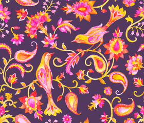 Paisley watercolor floral pattern tile flower, flores, tulip, pheasant, bird. Oriental traditional hand painted water color whimsical seamless print border for design. Abstract indian batik background