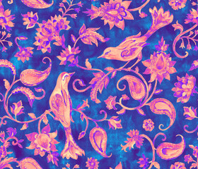 Paisley watercolor floral pattern tile flower, flores, tulip, pheasant, bird. Oriental traditional hand painted water color whimsical seamless print border for design. Abstract indian batik background